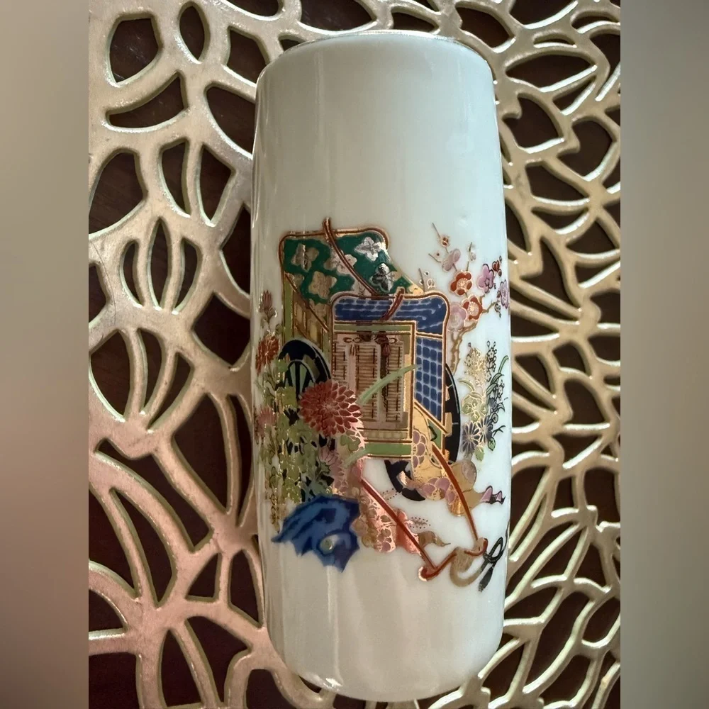 Vintage Japanese Ceramic Miniature Vase with Rickshaw Design